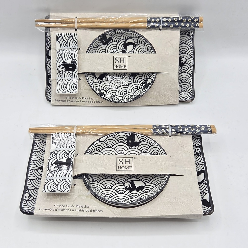 SH Home Set Of 2 Ceramic Sushi Plate  Seigaiha Waves & Pandas Black White 10pcs